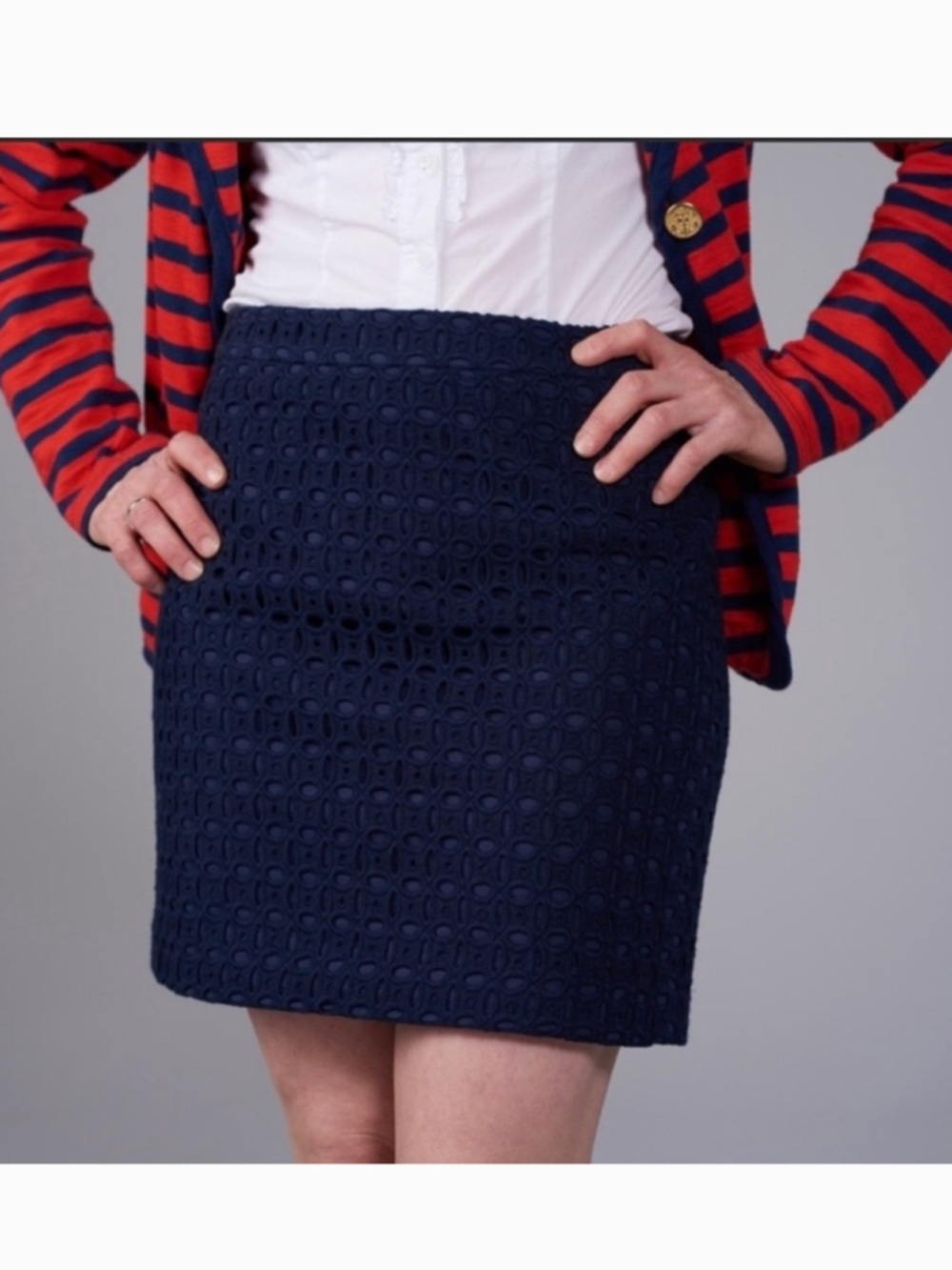 J. Crew Navy Pencil Eyelet Lace Embroidered Skirt